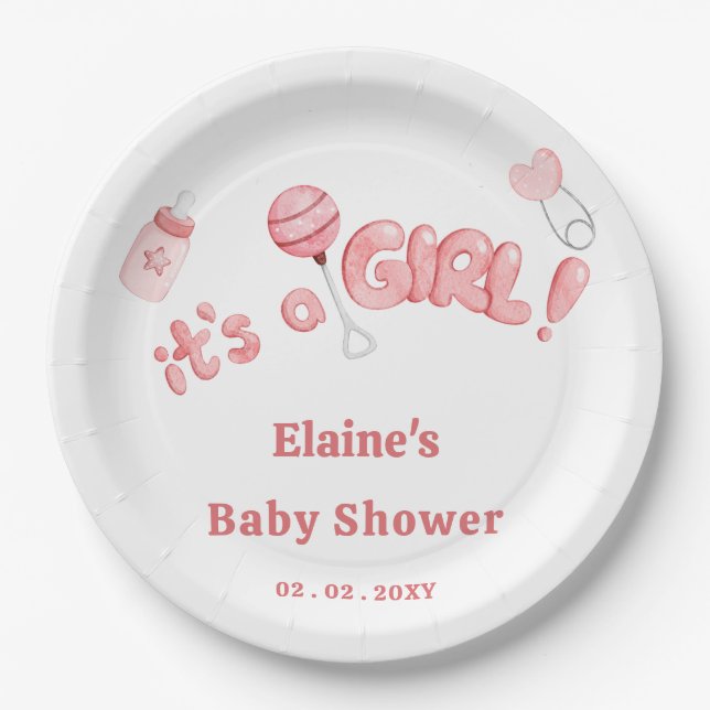 Its a Girl Baby Things Pink Girl Baby Shower Paper Plate (Front)