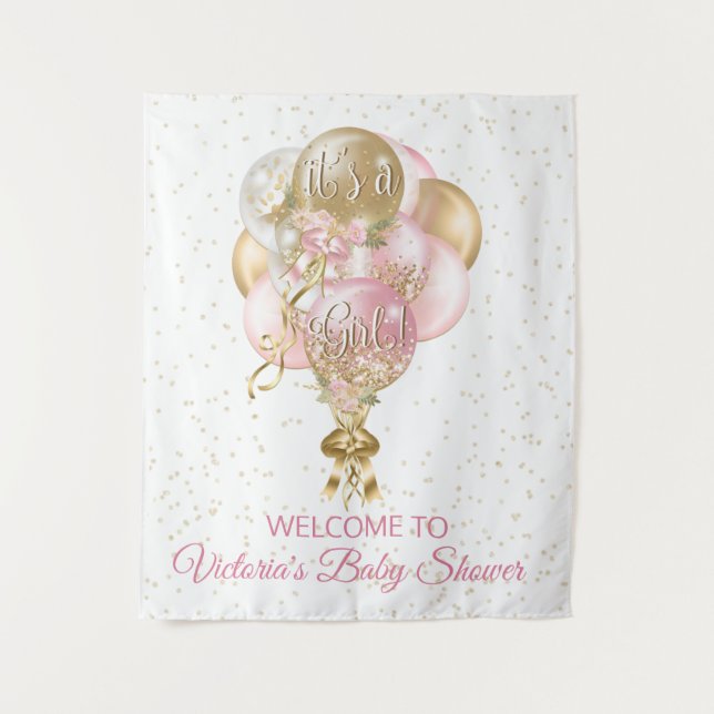 Its a Girl Balloon Baby Shower Banner Backdrop Tapestry (Front)