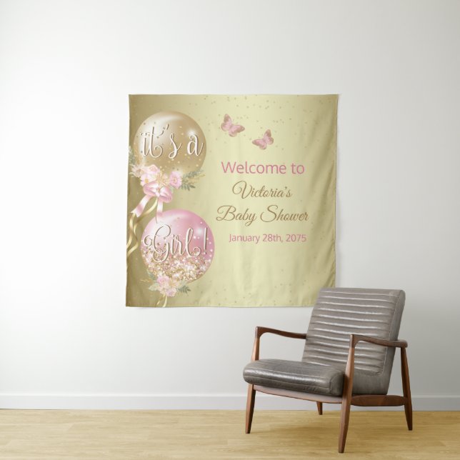 Its A Girl Balloon Baby Shower SQ Backdrop Tapestry (In Situ)