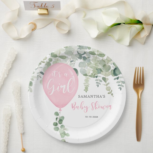 It's a girl balloon girl baby shower greenery paper plate (Wedding)