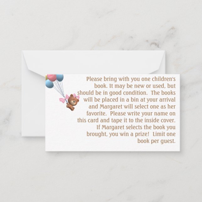 It's a Girl Bear and Balloons Theme Shower Game Card (Front)