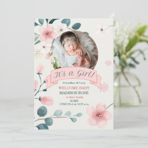 It's a Girl Birth Teal and Peach Blossoms Announcement