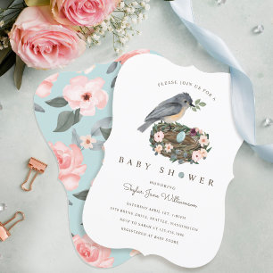 It's A Girl Blue Floral Bird's Nest Baby Shower Invitation