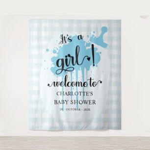 It's a Girl! Blue Gingham Baby Shower Backdrop Tapestry