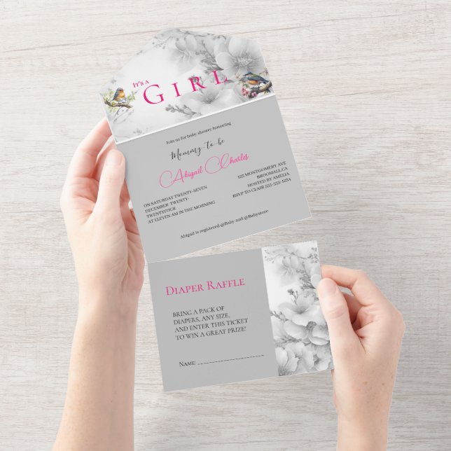 It's a girl blush floral all in one invitation (Tearaway)