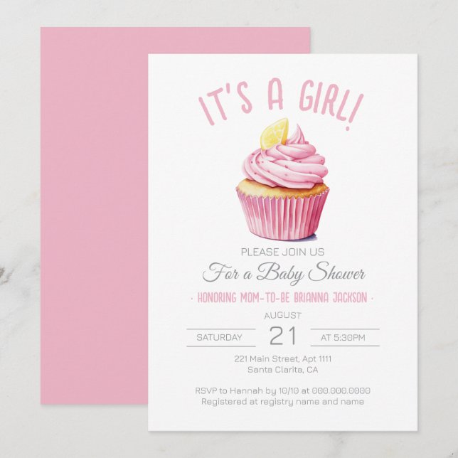 It's A Girl Blush Pink Cupcake Baby Shower Invitation (Front/Back)