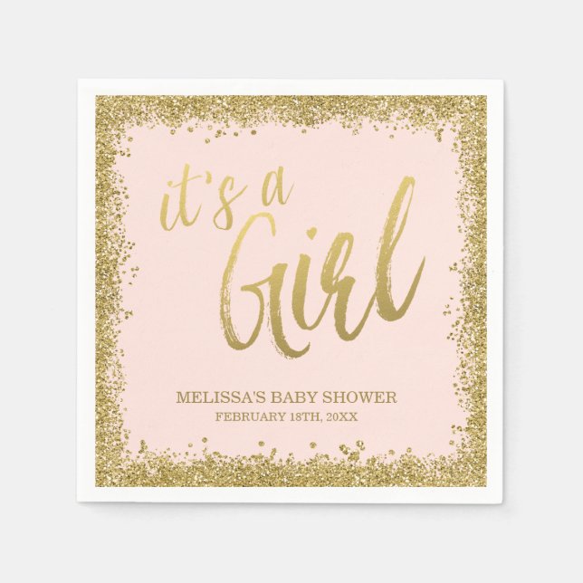 It's a Girl Blush Pink Gold Glitter Baby Shower Napkin (Front)