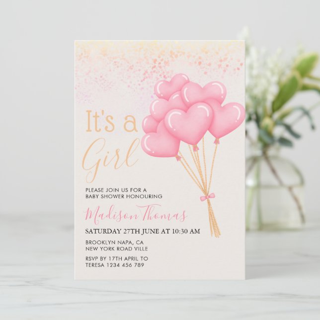 Its a Girl Blush Pink Heart Balloons Baby Shower Invitation (Standing Front)