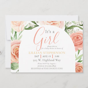 Its A Girl Blush Pink Rose Floral Baby Shower Invitation
