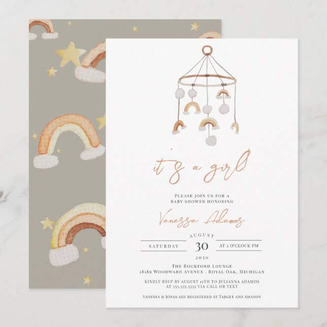 It's a Girl, Boho Rainbow Baby Nursery Toy Shower Invitation (Front/Back)