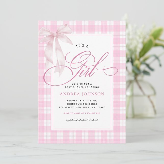 It's a Girl Bow & Pink Gingham Plaid Baby Shower Invitation (Standing Front)