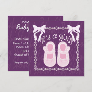 Its a girl Bow Shoes Purple Baby Shower Invite