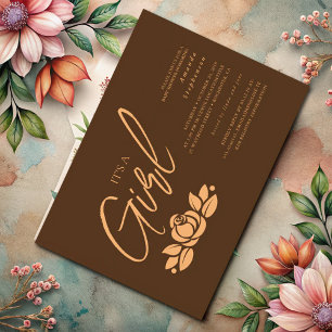 Its A Girl Brown Gold Floral Baby Shower Invitation