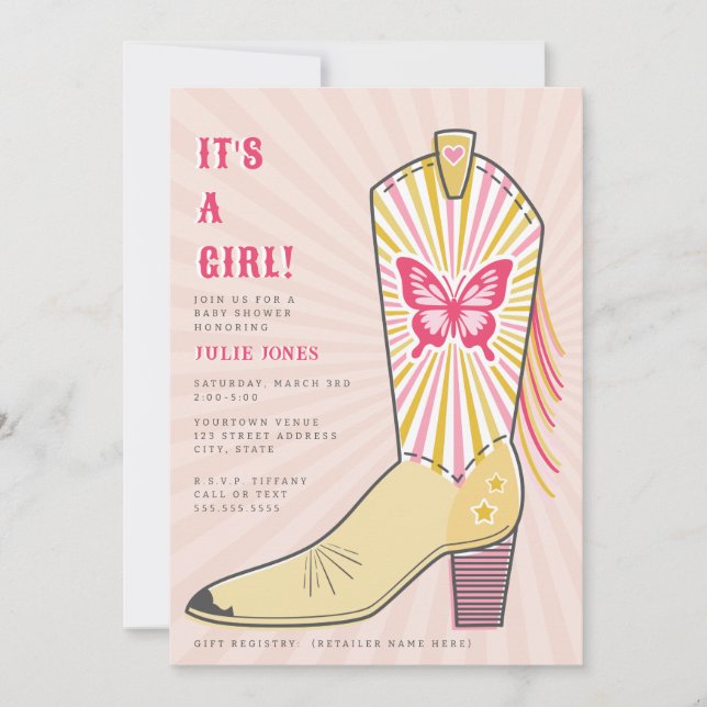 It's A Girl Butterfly Cowboy Boot Baby Shower Invitation (Front)