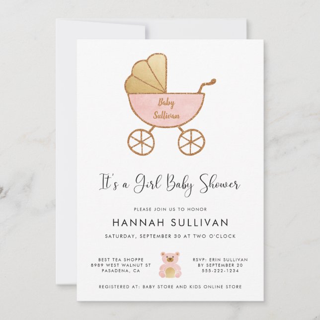 It's a Girl Carriage Pink Gold Watercolor Shower Invitation (Front)
