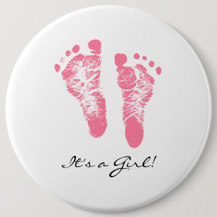 Its a Girl Chic Pink Newborn Footprints 6 Inch Round Button