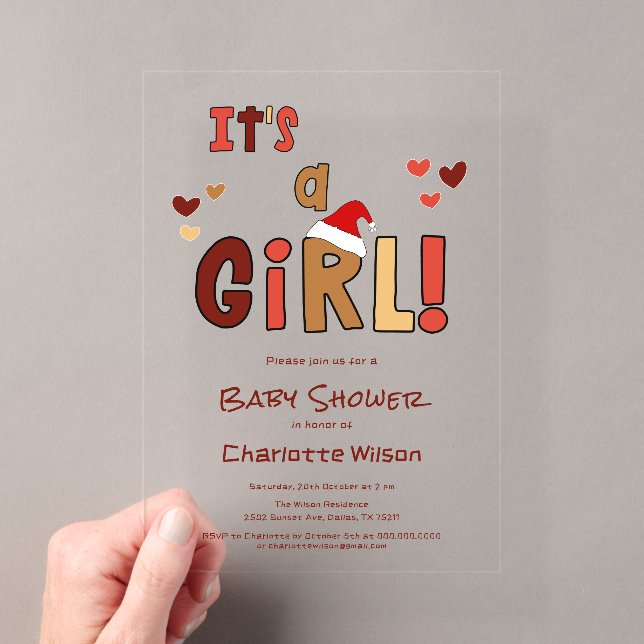 It's a Girl! Christmas Santa Hat Baby Shower Acrylic Invitations (Insitu (Handheld))