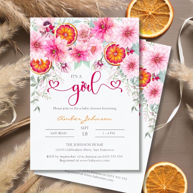 It's A Girl Citrus Pink Floral Cute Baby Shower Invitation (It's a girl baby shower invitation, pink peonies, pink dahlias and slices of orange)