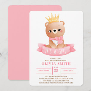 It's a Girl Cute Baby Bear Watercolor Baby Shower Invitation