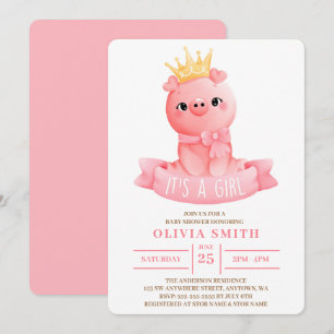 It's a Girl Cute Baby Pig Watercolor Baby Shower Invitation