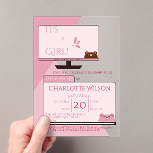 It's A Girl! Cute Bear Computer Screen Baby Shower Acrylic Invitations