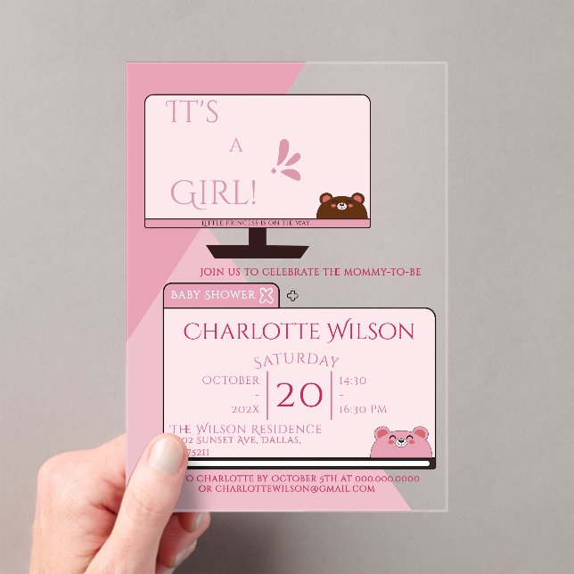 It's A Girl! Cute Bear Computer Screen Baby Shower Acrylic Invitations (Insitu (Handheld))