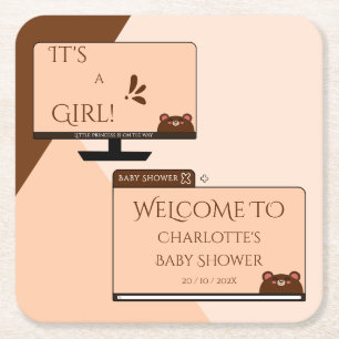 It's A Girl! Cute Bear Computer Screen Baby Shower Square Paper Coaster
