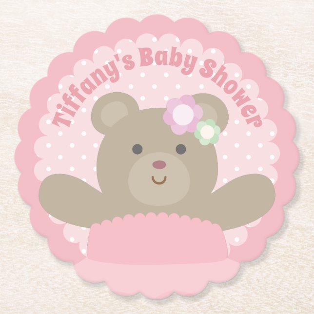 It's a Girl Cute Bear Cub Elegant Pink Baby Shower Paper Coaster (Front)