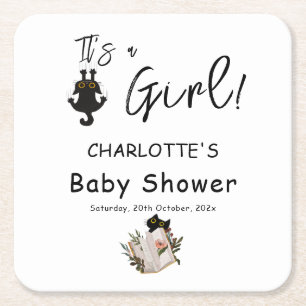 It's a Girl! Cute Black Cat and Book Baby Shower Square Paper Coaster