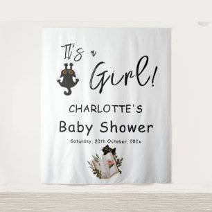 It's a Girl! Cute Cat & Book Baby Shower Backdrop Tapestry