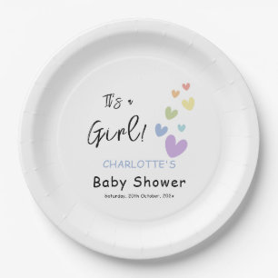 It's a Girl! Cute & Colourful Hearts Baby Shower Paper Plate
