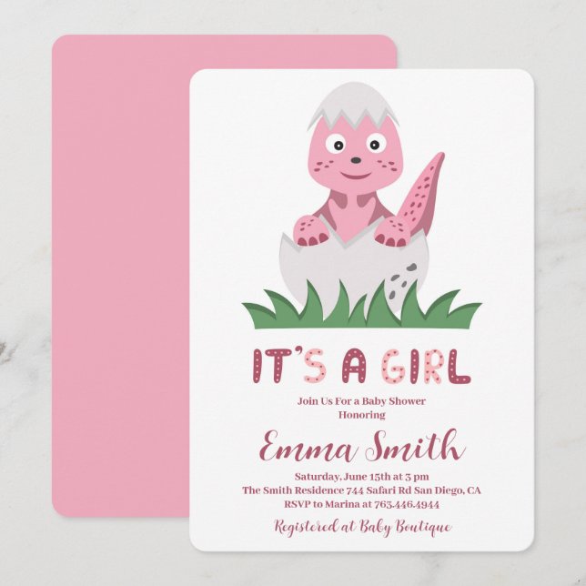 It's a Girl Cute Dinosaur Baby Shower Invitation (Front/Back)