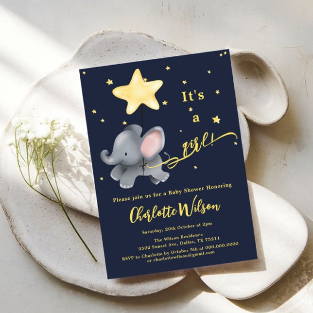 It's a Girl! Cute Elephant & Balloon Baby Shower Invitation (Creator Uploaded)