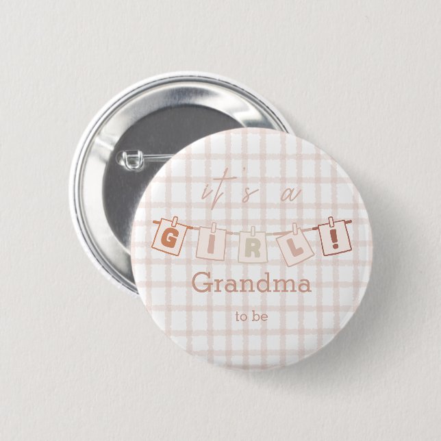 It's a Girl Cute Gingham Notedry Grandma-to-be 2 Inch Round Button (Front & Back)