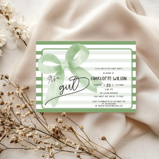 It's a Girl Cute Green Bow Stripes Baby Shower Invitation