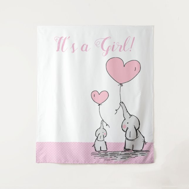 It's a Girl Cute Mama Baby Elephant with Balloons Tapestry (Front)