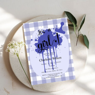 It's a Girl Cute Pastel Navy Gingham Baby Shower Invitation