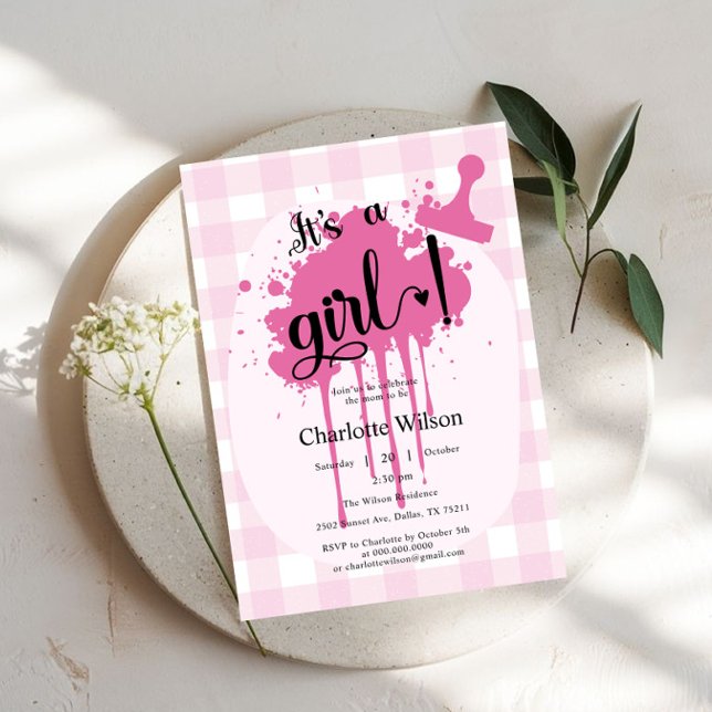 It's a Girl! Cute Pastel Pink Gingham Baby Shower Invitation (Creator Uploaded)