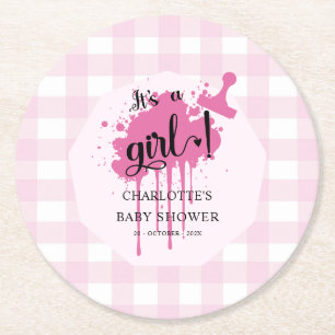 It's a Girl Cute Pastel Pink Gingham Baby Shower Round Paper Coaster