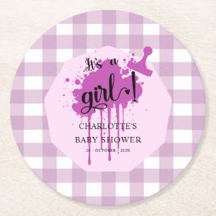 It's a Girl Cute Pastel Purple Gingham Baby Shower Round Paper Coaster