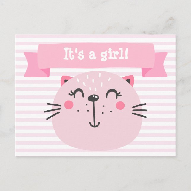 It's a girl! | Cute Pink Cat Announcement Postcard (Front)