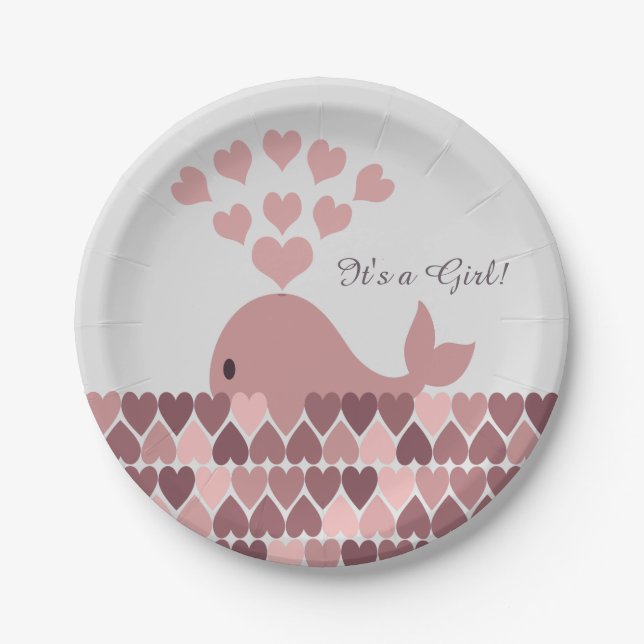 It's a Girl! Cute Pink Whale Paper Plate (Front)