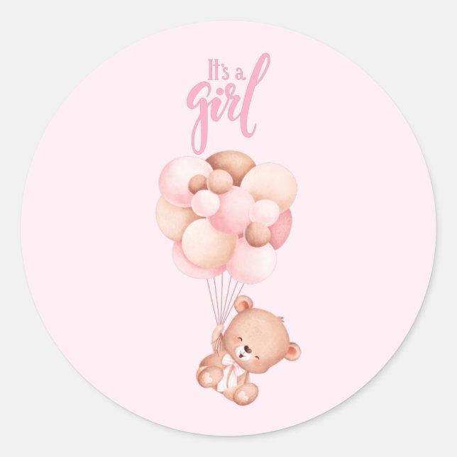 It's a Girl Cute Teddy Bear Toy with Balloons  Classic Round Sticker (Front)
