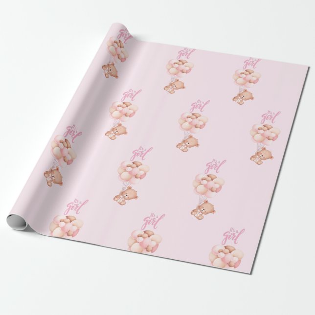It's a Girl Cute Teddy Bear Toy with Balloons Wrapping Paper (Unrolled)