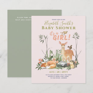 Its a GIRL! Cute Woodland Baby Animals Shower Inv.