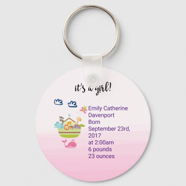 It's A Girl Cute Zoo Animal Ark Birth Announcement Keychain (Front)