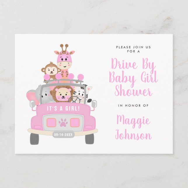 It's a Girl Drive By Safari Pink Baby Shower Invitation Postcard (Front)
