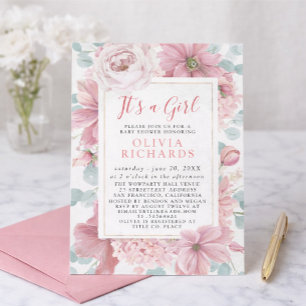It's A Girl Dusty Rose Floral Cute Baby Shower Invitation