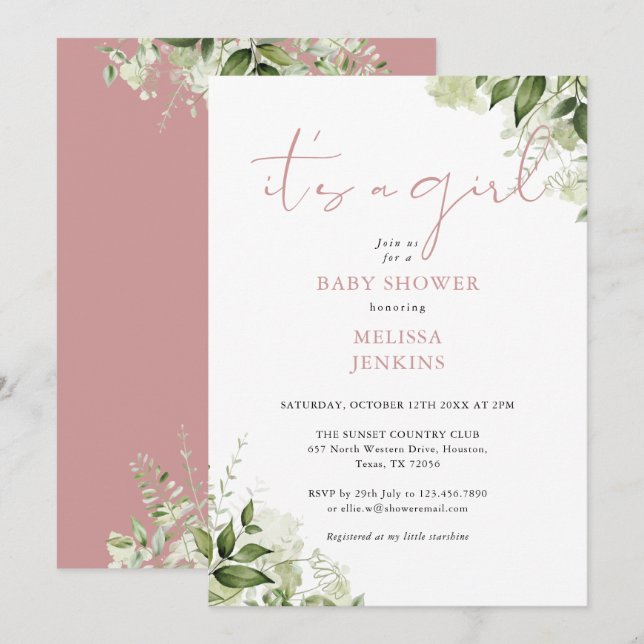 Its A Girl Dusty Rose Greenery Baby Shower Invitation (Front/Back)