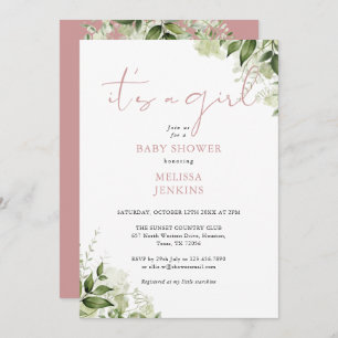 Its A Girl Dusty Rose Greenery Baby Shower Invitation